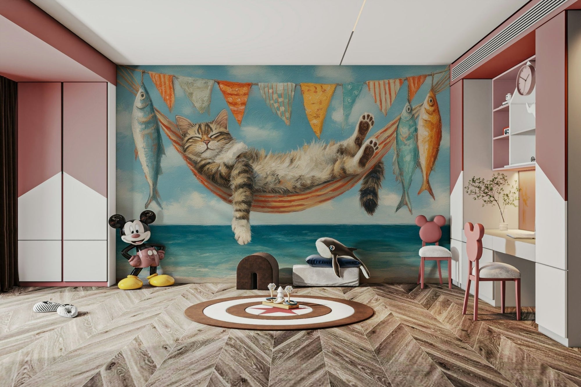 Coastal wallpaper with cats and ocean scenes, GD1128