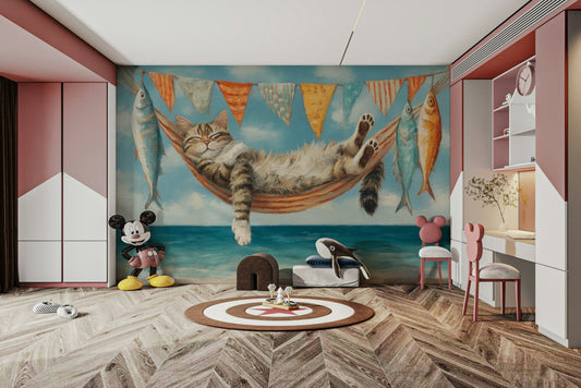 Coastal wallpaper with cats and ocean scenes, GD1128
