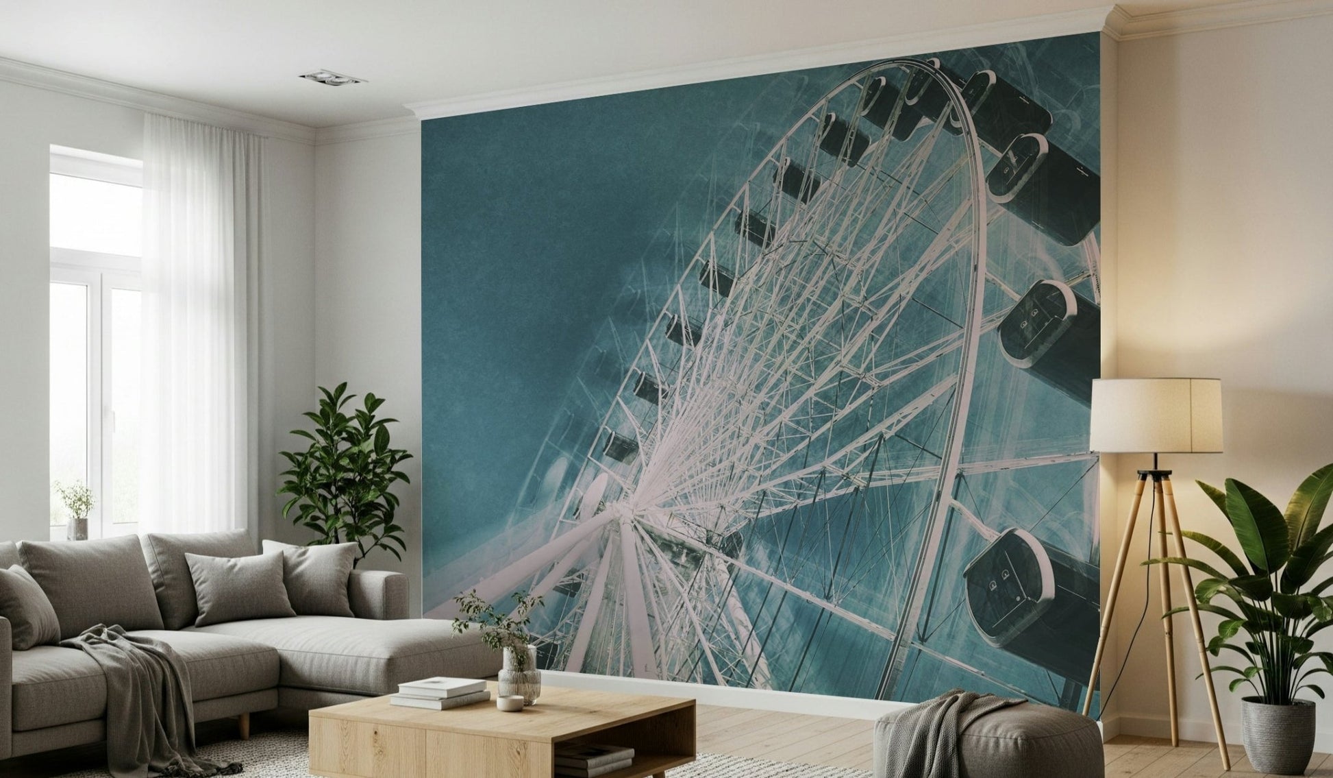 A beautiful ferris wheel wallpaper mural dominating an evening cityscape with soft lights., GD5953