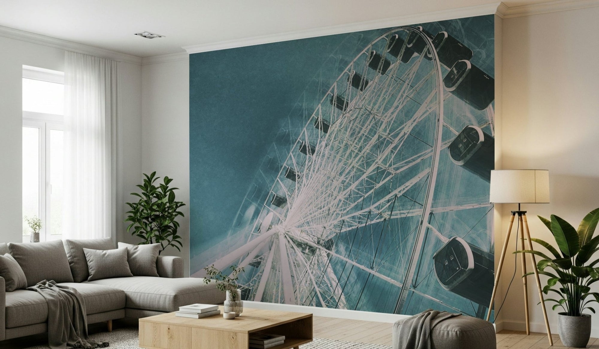 A beautiful ferris wheel wallpaper mural dominating an evening cityscape with soft lights., GD5953