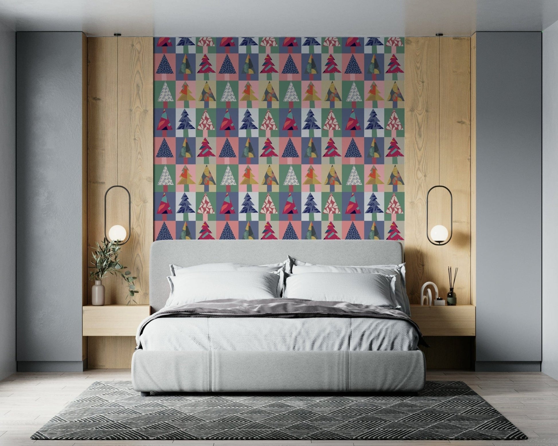 Festive Forest wall mural in a dining room featuring rustic wooden furniture.