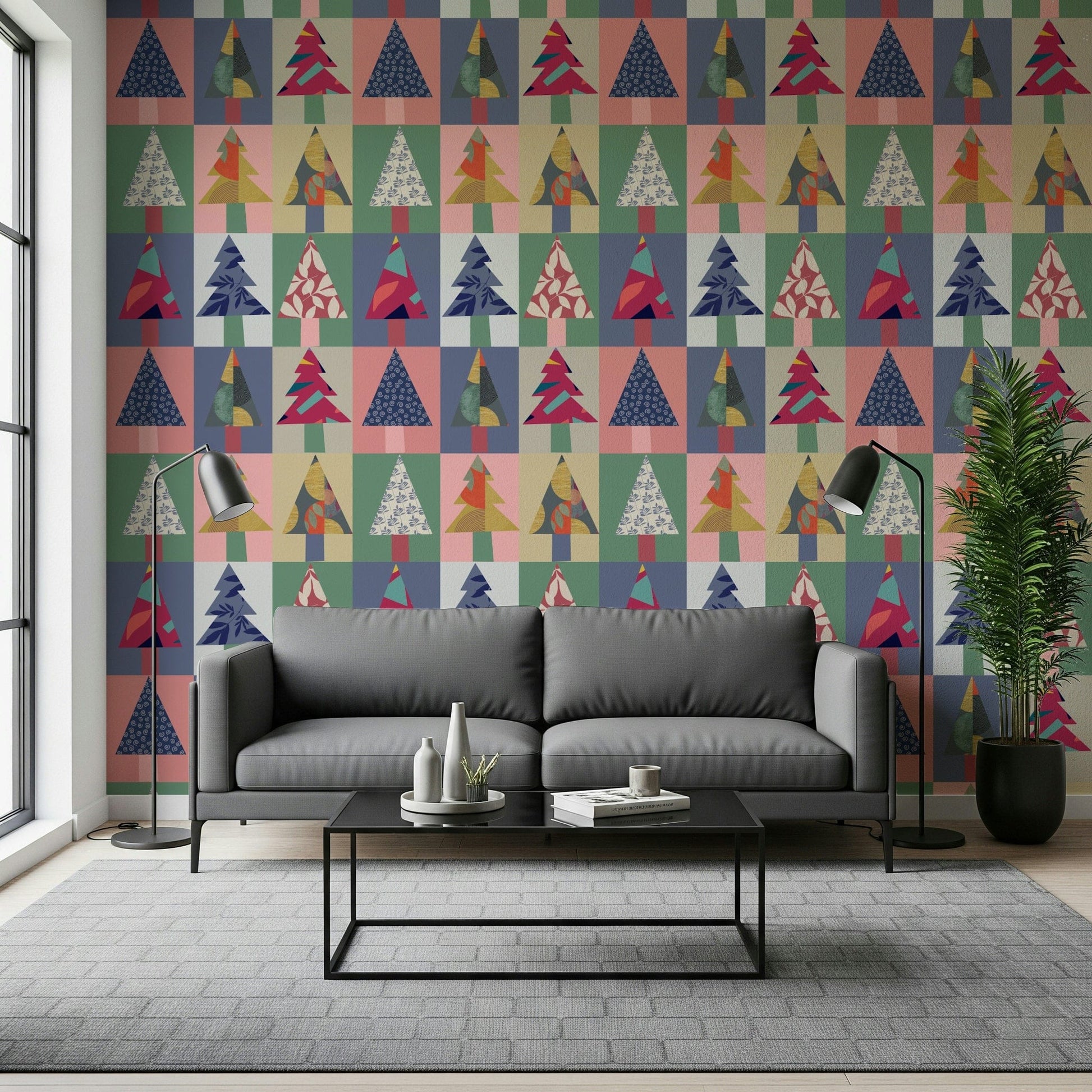 Seasonal woodland wall mural for a guest bedroom with white linens.