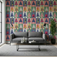 Seasonal woodland wall mural for a guest bedroom with white linens.