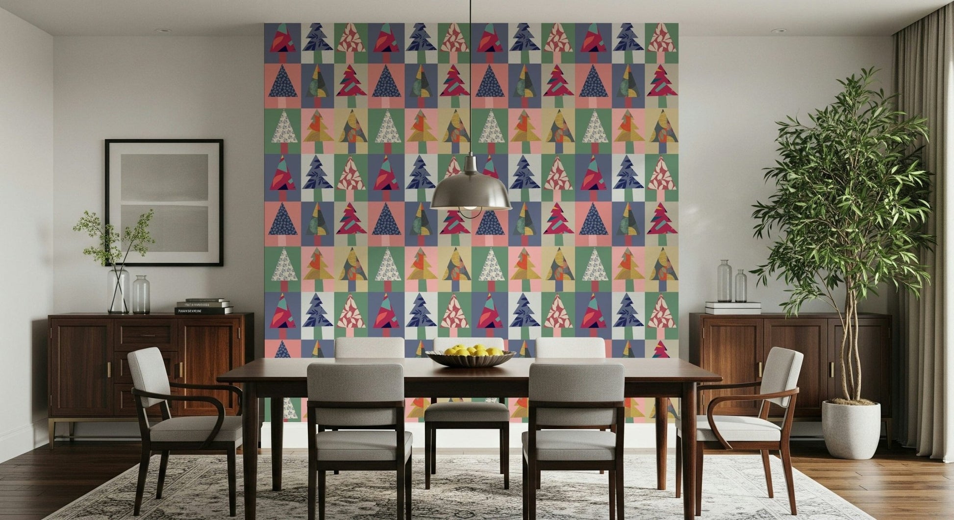 Festive Forest wall mural behind a velvet sofa in a contemporary space.