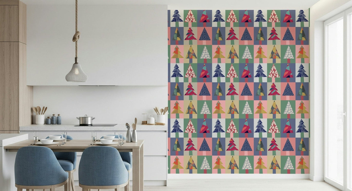 Pine tree Harmony wall mural for a hallway with soft ambient lighting.