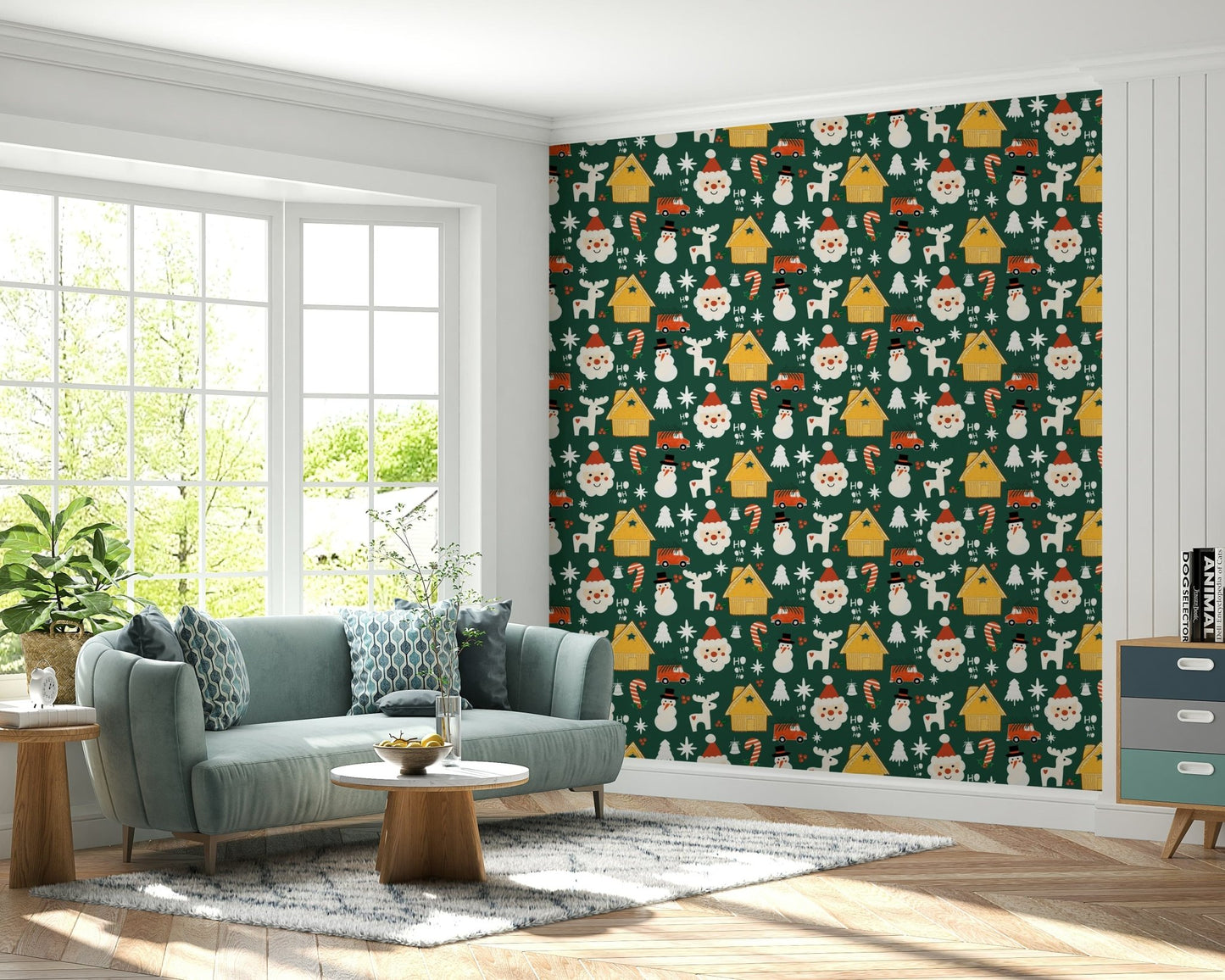 Cozy cabin art on the Festive Friends Forever Wallpaper.