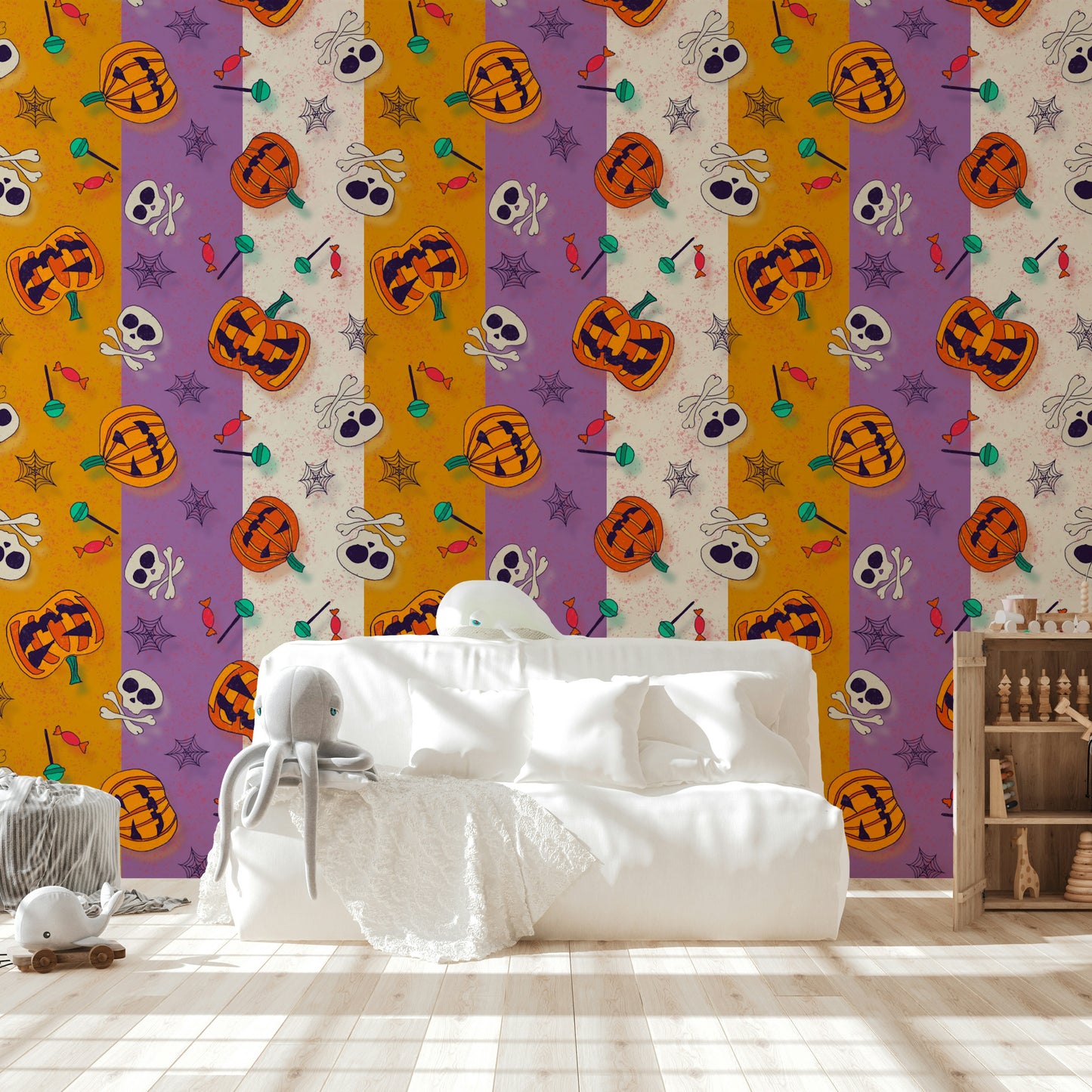 An angled shot of a wall with festive halloween pattern wallpaper

