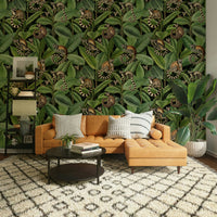 A living room with a unique jungle design

