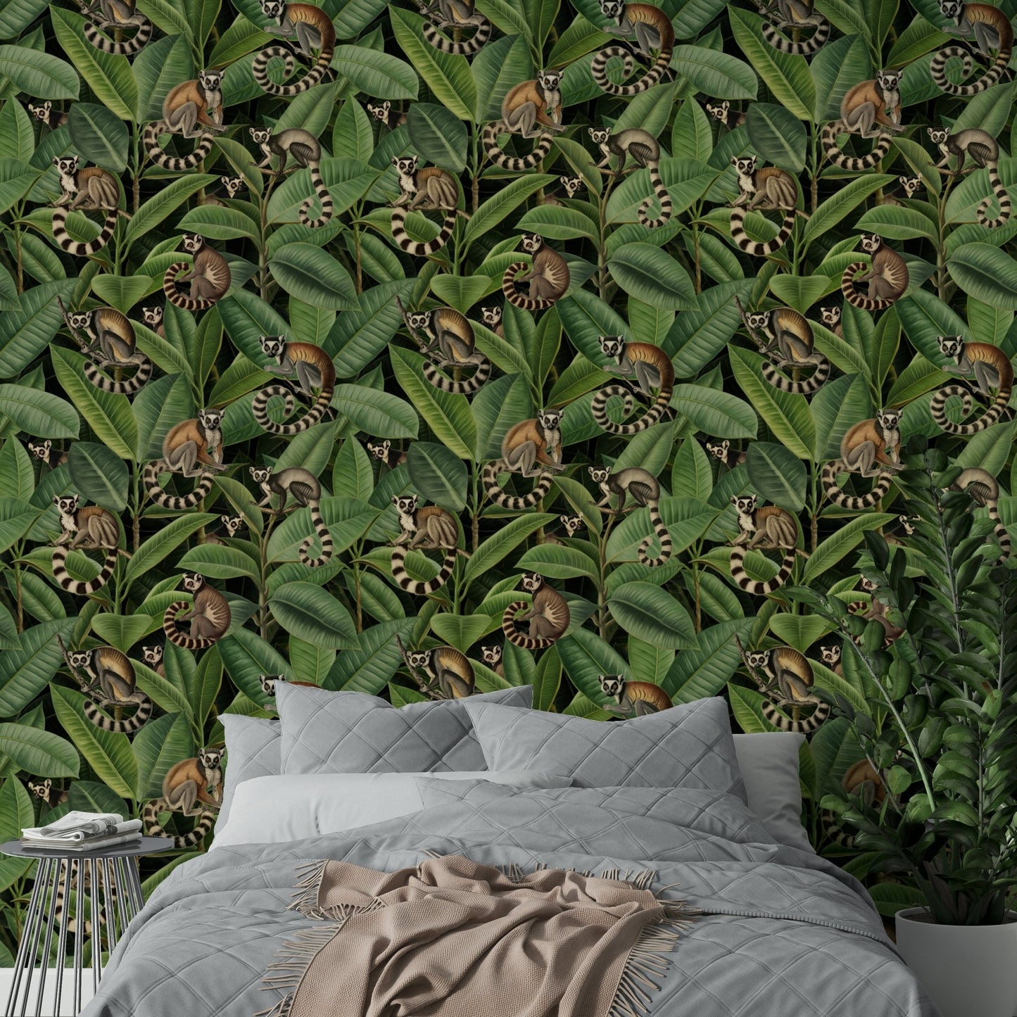 An angled shot of a wall with ficus forest wallpaper

