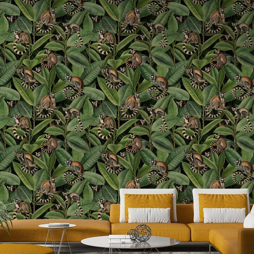 Close-up of a hand-drawn monkey and ficus leaf pattern

