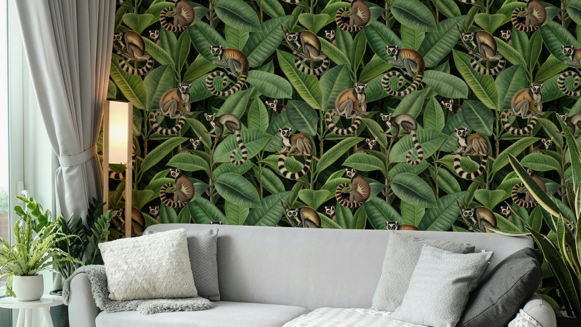 Wallpaper with a whimsical monkey and jungle design

