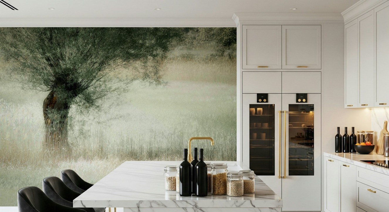 A beautiful serene field wallpaper mural of a grassy landscape.