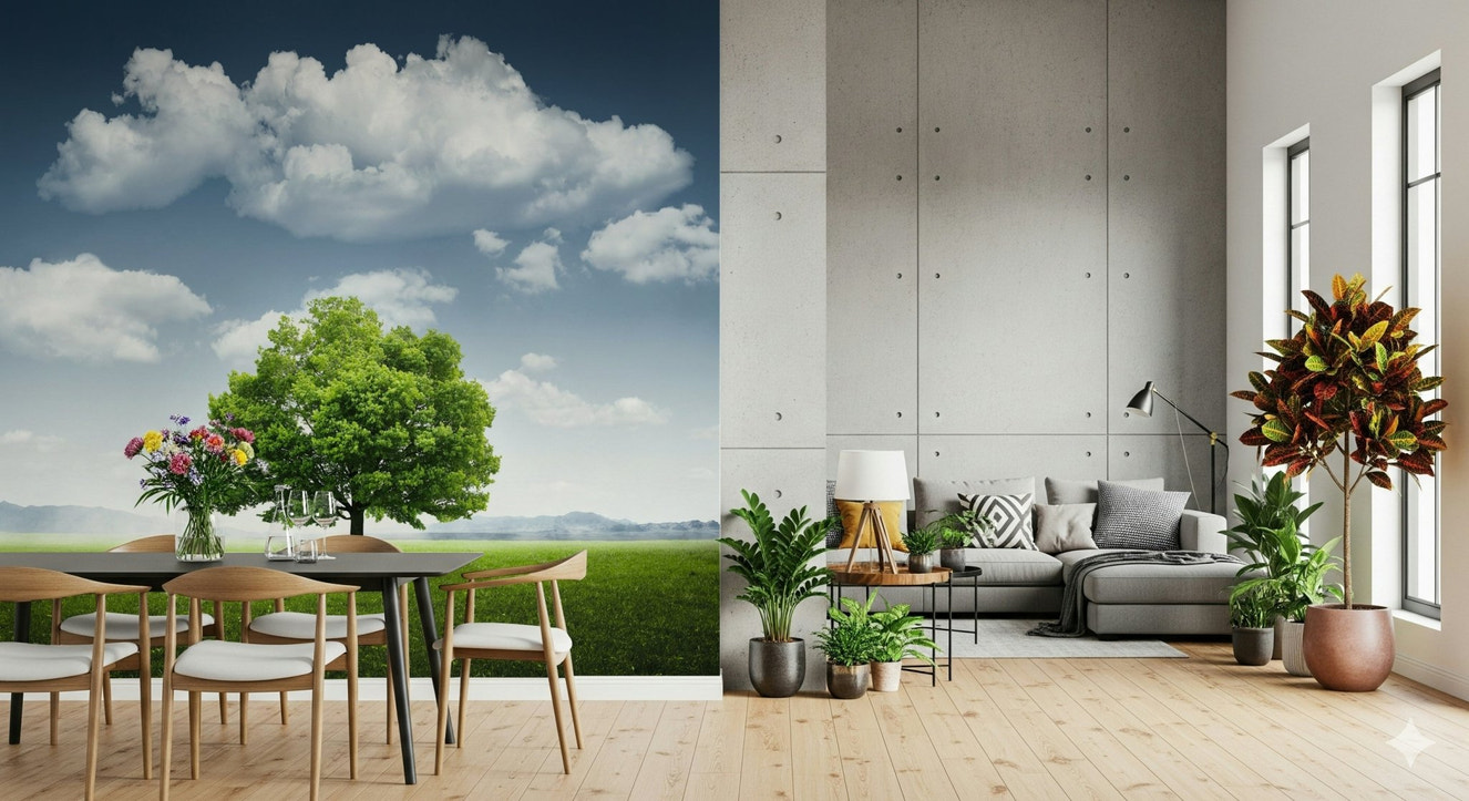 A beautiful wide-angle wallpaper mural of lush, rolling green fields.