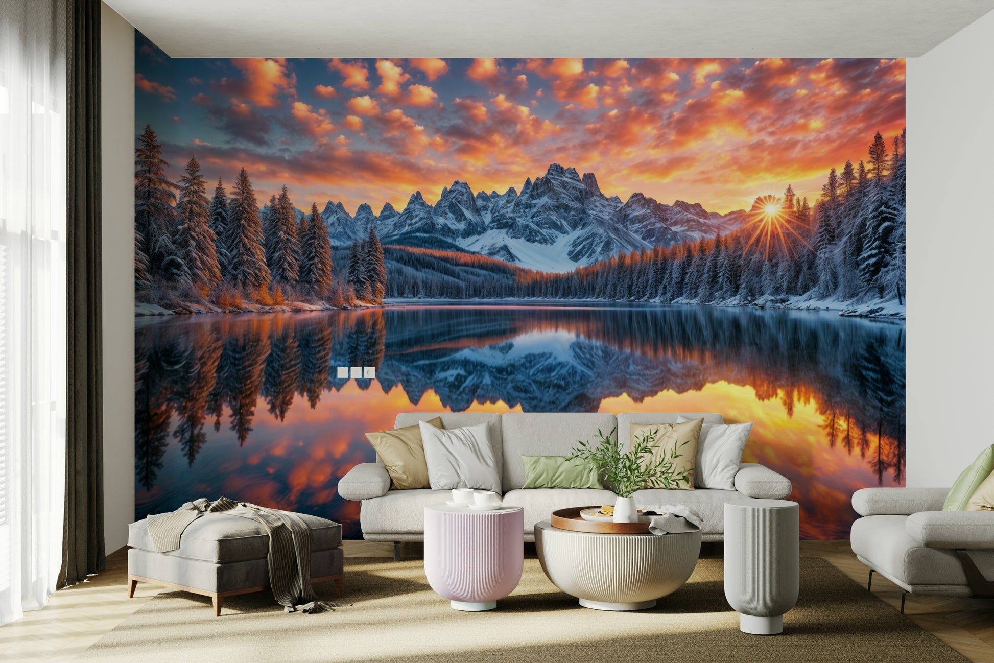 The scene is set at sunset or sunrise, with a fiery, dramatic sky.

