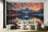 The scene is set at sunset or sunrise, with a fiery, dramatic sky.

