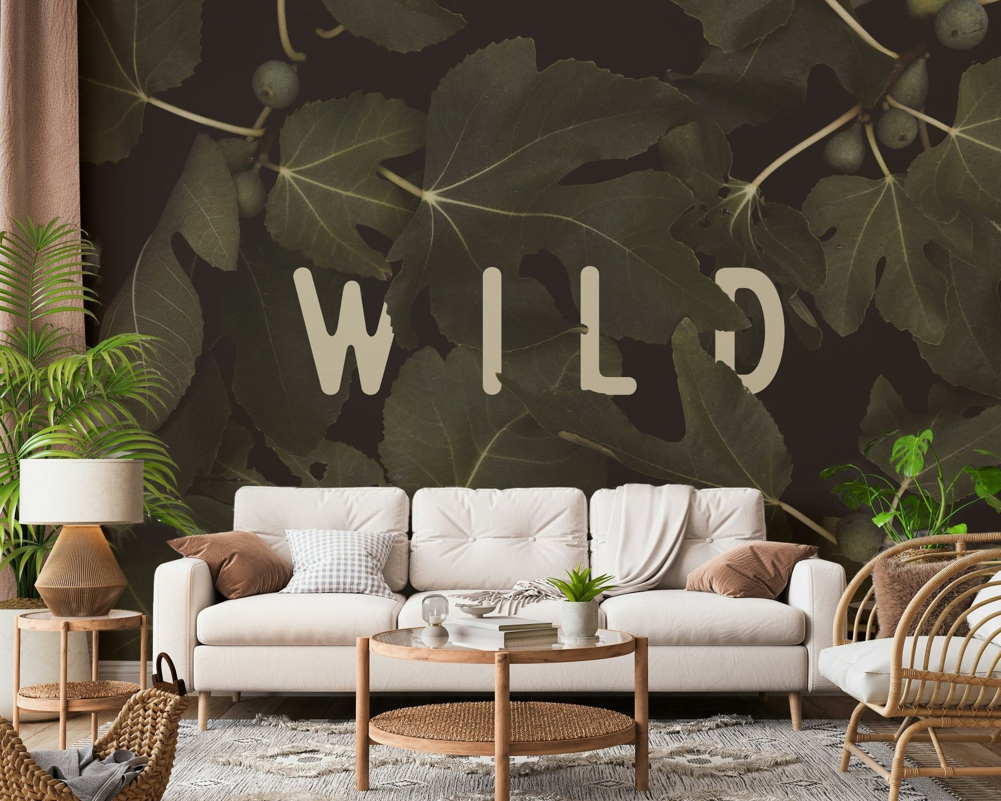 A graceful subtle leaf wall mural in cool, natural tones.