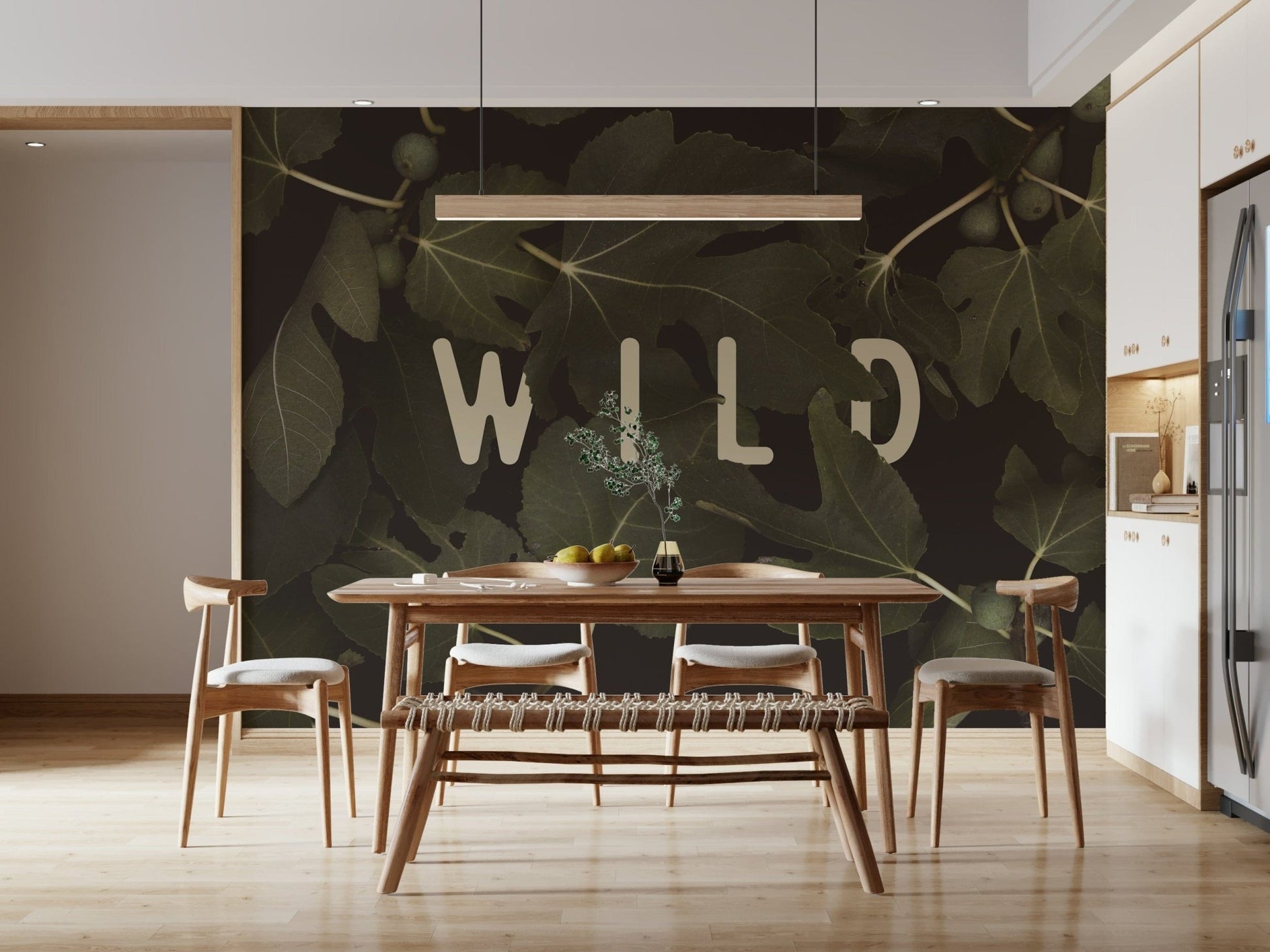 A calming foliage design wallpaper mural that defines a space.