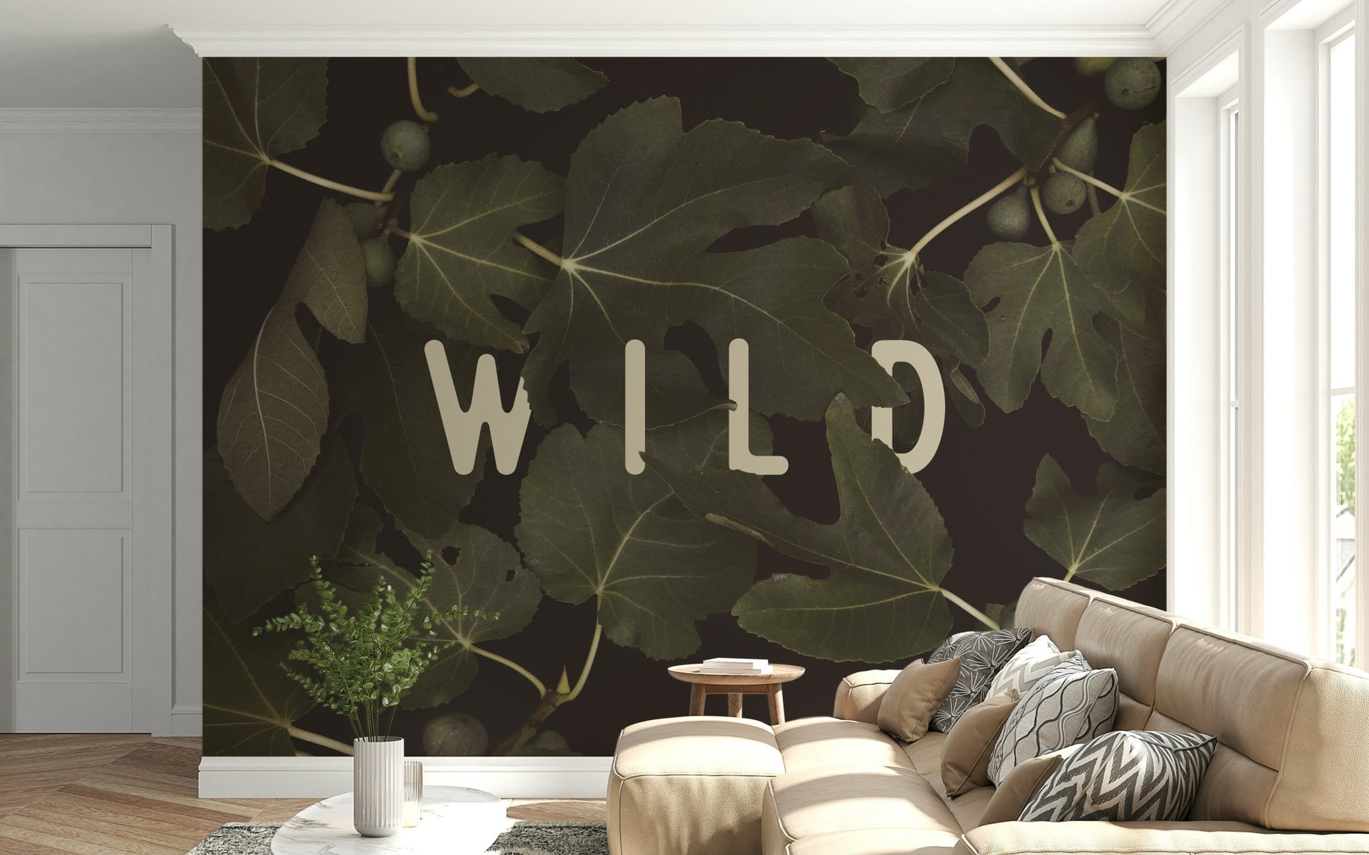 An artistic lush foliage mural on minimalist wallpaper.