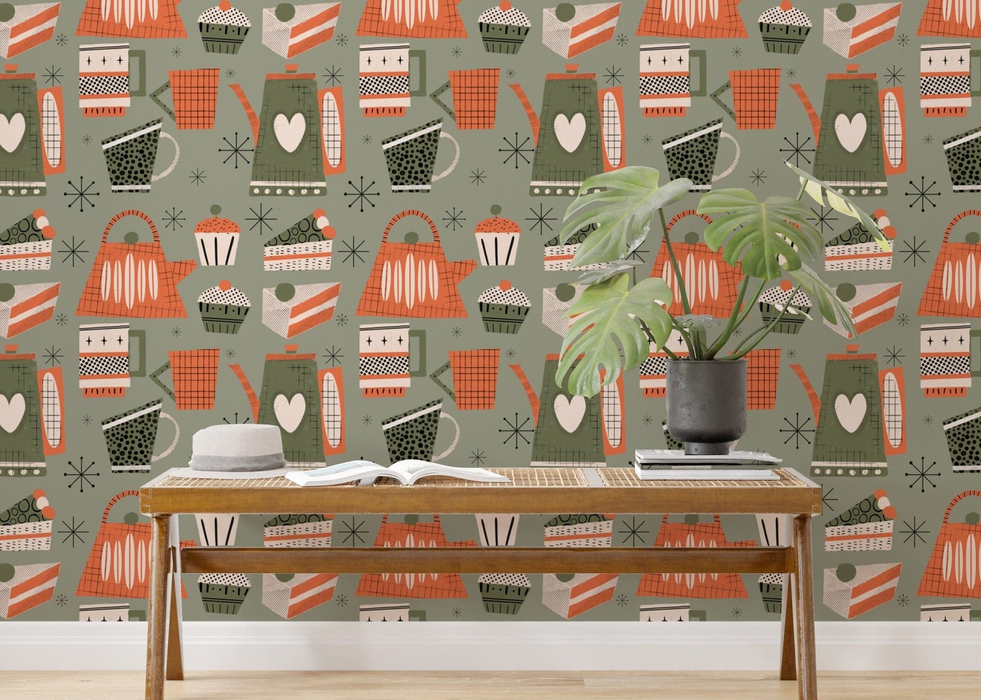 Green retro wallpaper for coffee-themed decor
