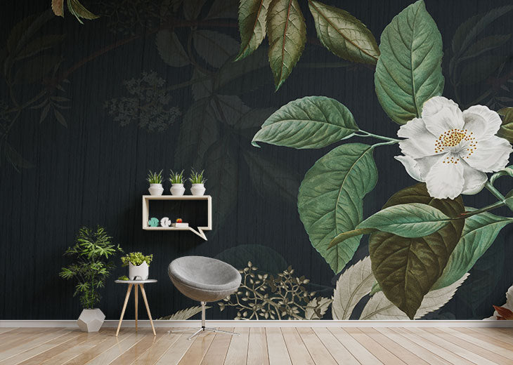 Dark Green Floral Wallpaper Mural
