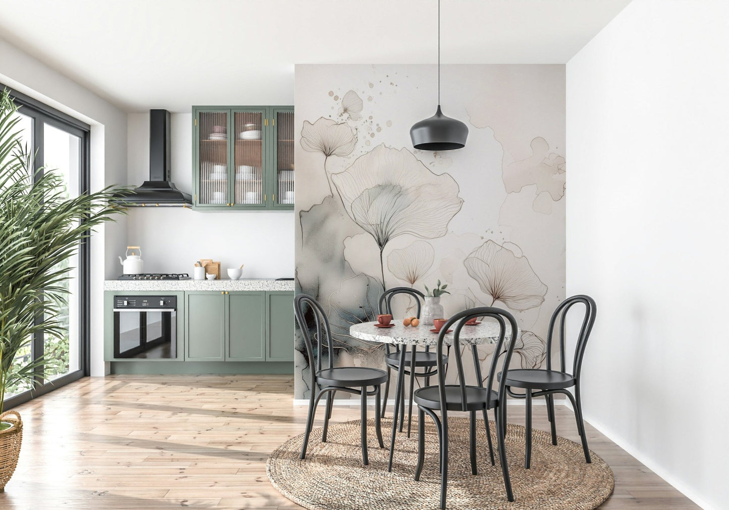 A modern hallway adorned with the Fine Ink Wash Flowers Wall Mural.