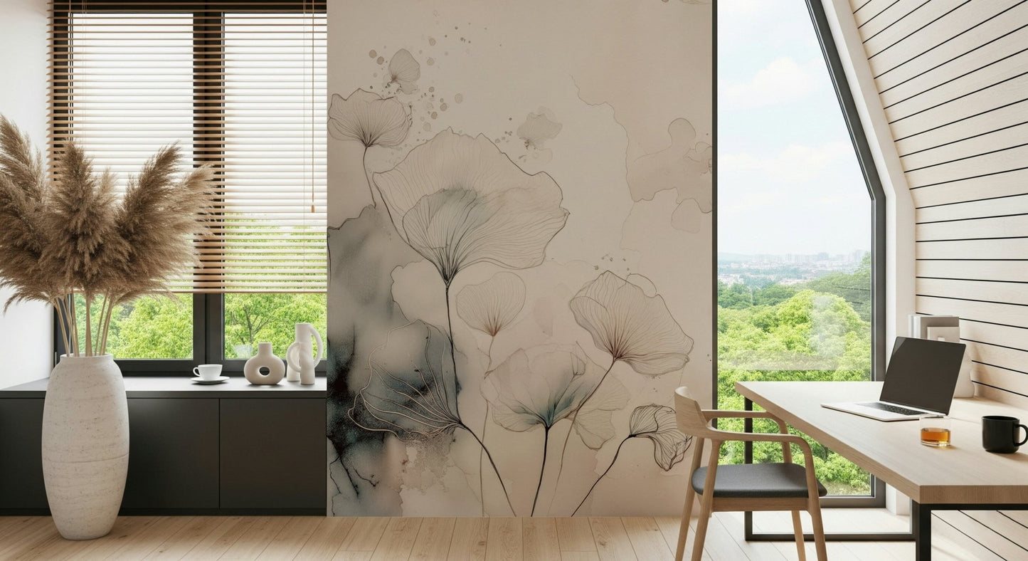 The artful floral pattern of the Fine Ink Wash Flowers Wall Mural.