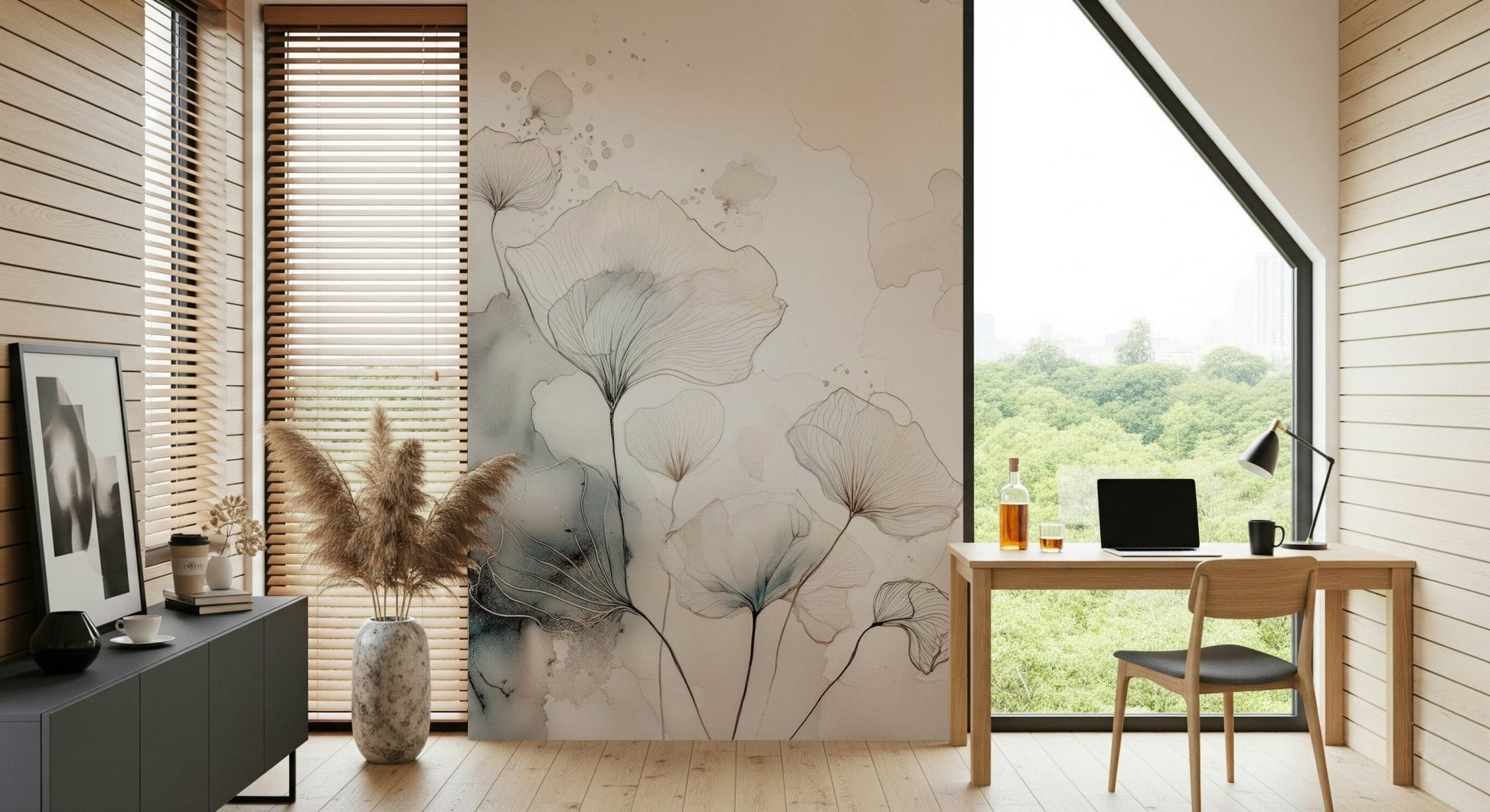 Bedroom feature wall showing the delicate Ink Wash Flowers design.