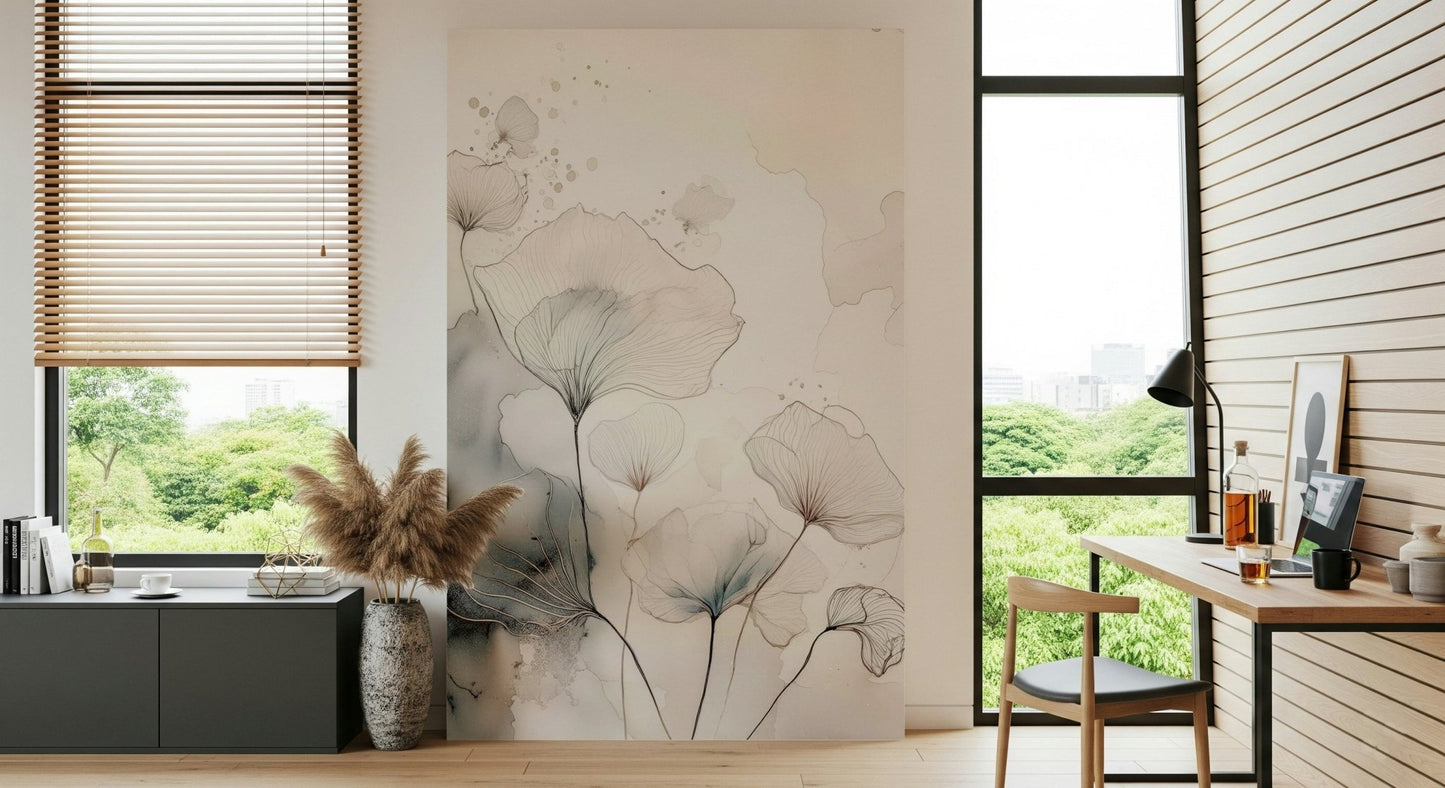 Fine Ink Wash Flowers Wall Mural providing a serene living space backdrop.