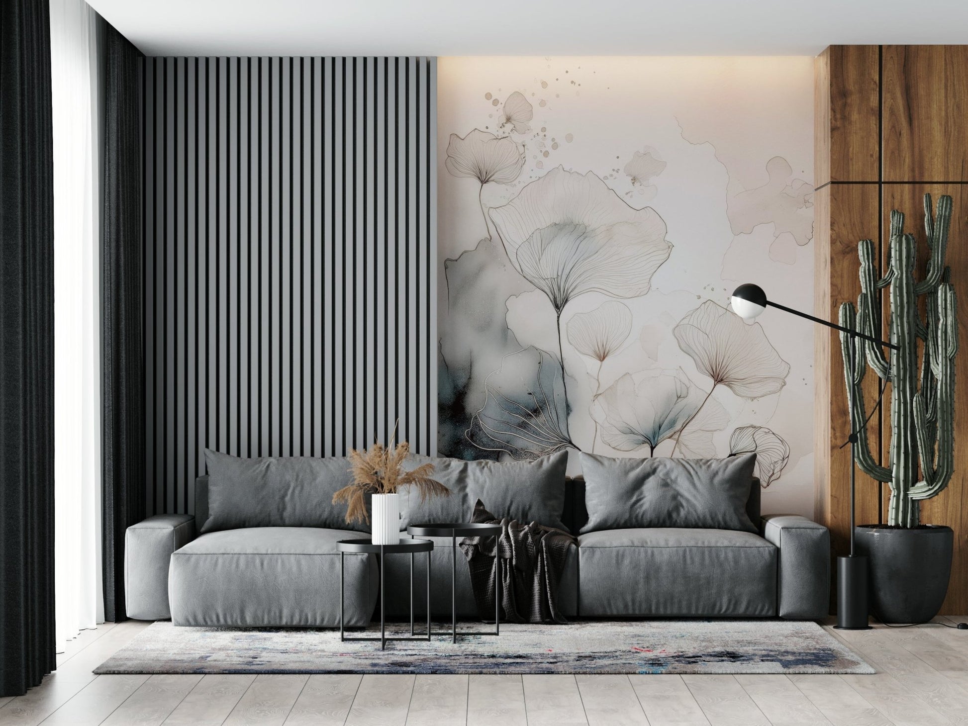 Sofa area with the beautiful Fine Ink Wash Flowers Wall Mural behind.