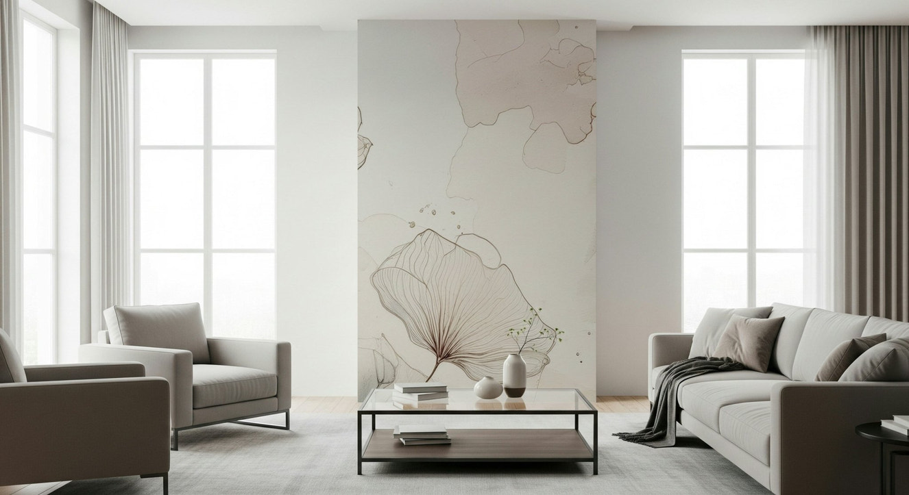 Fine Ink Wash Flowers Wall Mural accents a chic reading nook.