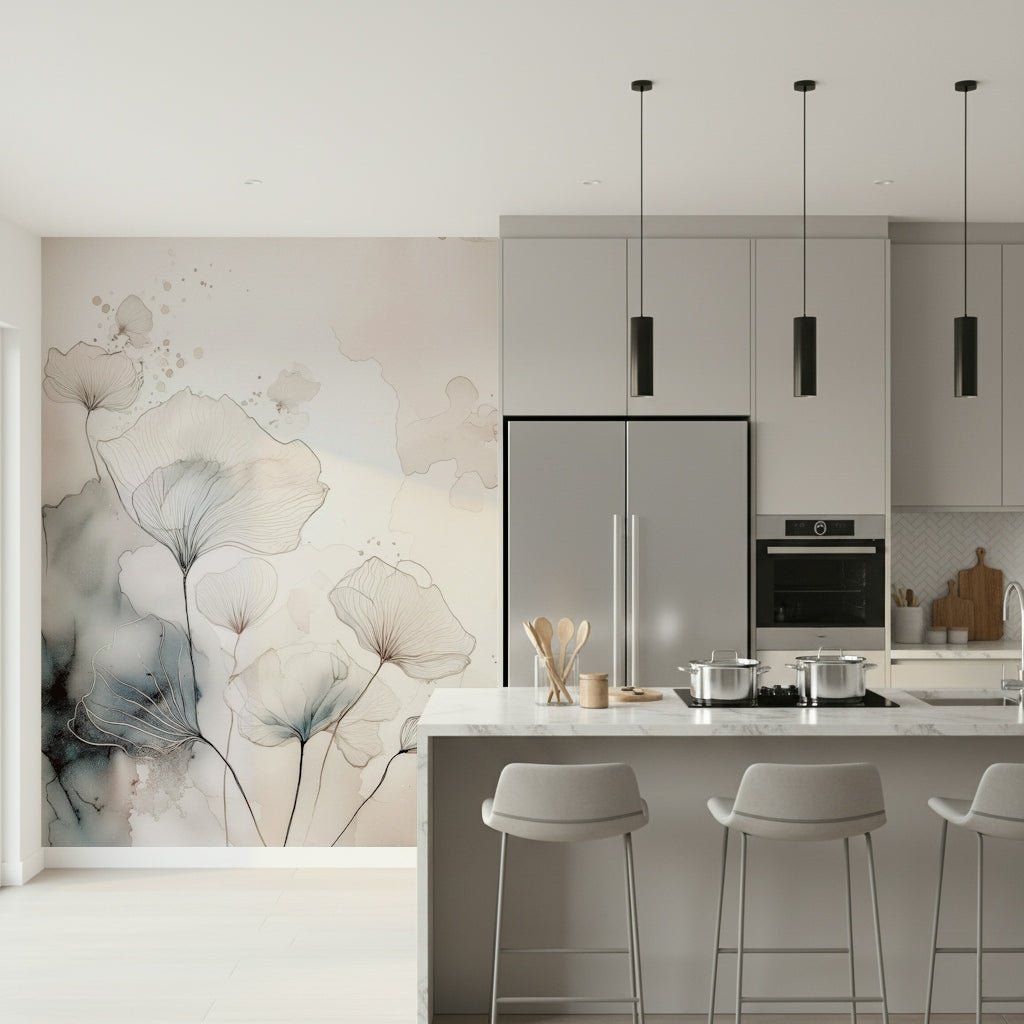 Detailed look at the unique ink texture of the Fine Ink Wash Flowers Wall Mural.