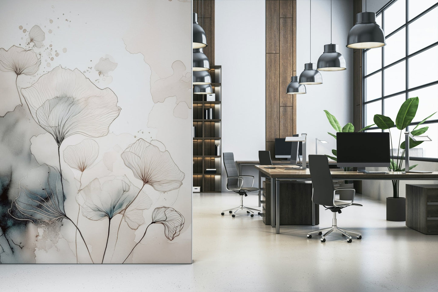 Subtle detail of painted flowers on Fine Ink Wash Flowers Wall Mural.