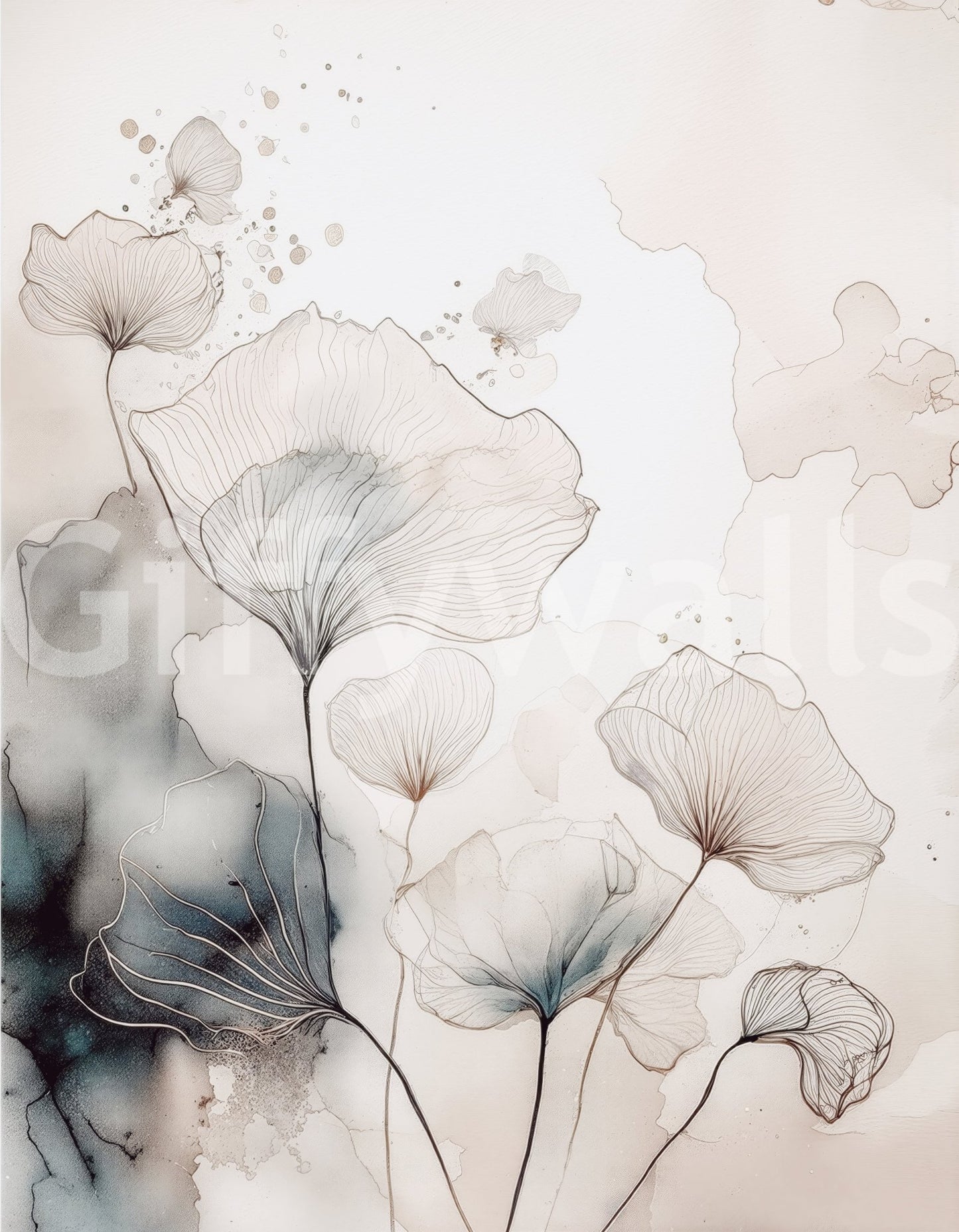 Fine Ink Wash Flowers Wall Mural enhancing a bright, contemporary room.