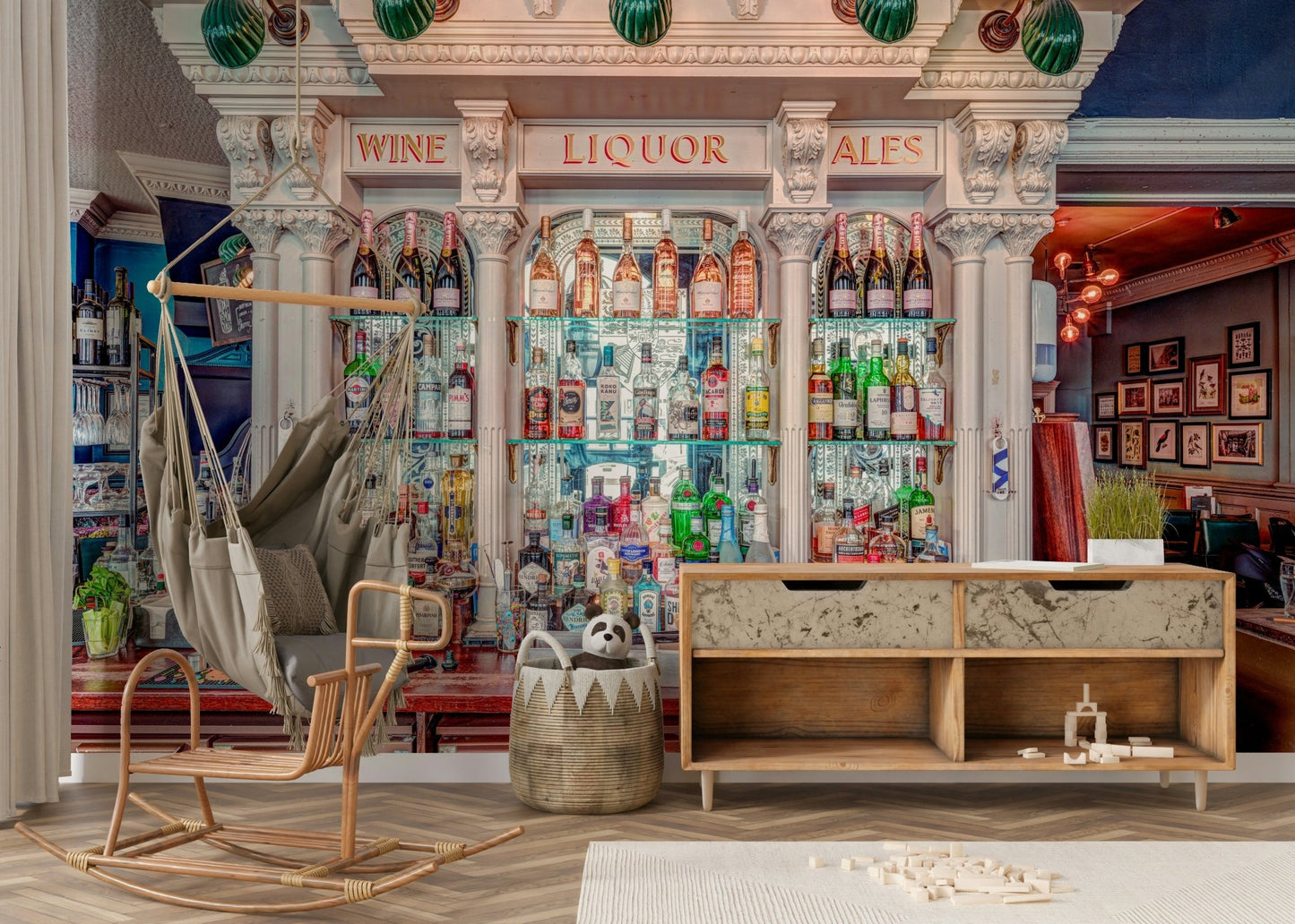 An upscale bar interior wallpaper mural for a feature wall.


