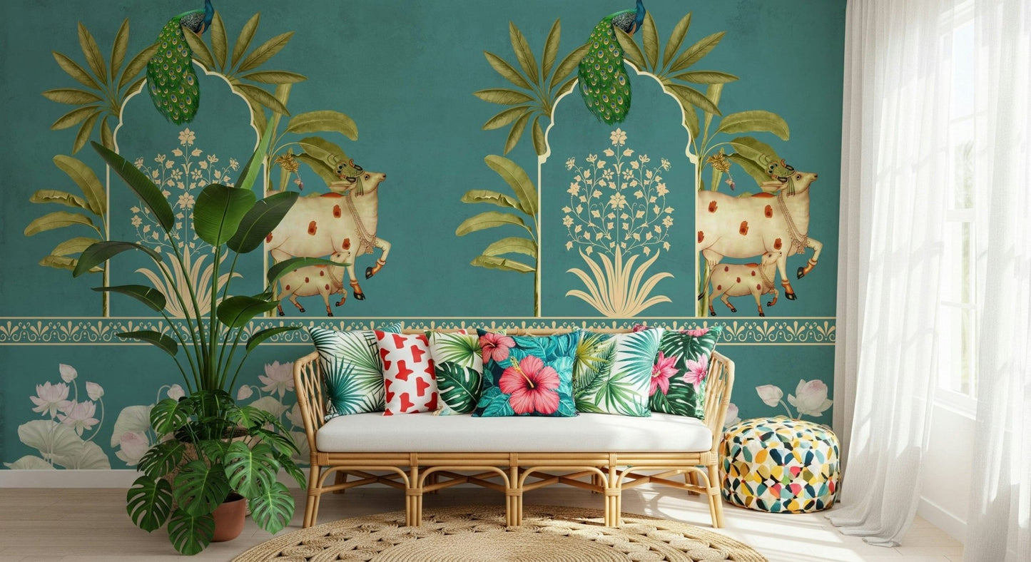 Hallway wall decor mural, traditional motifs in turquoise with beige accents, bright modern entry space