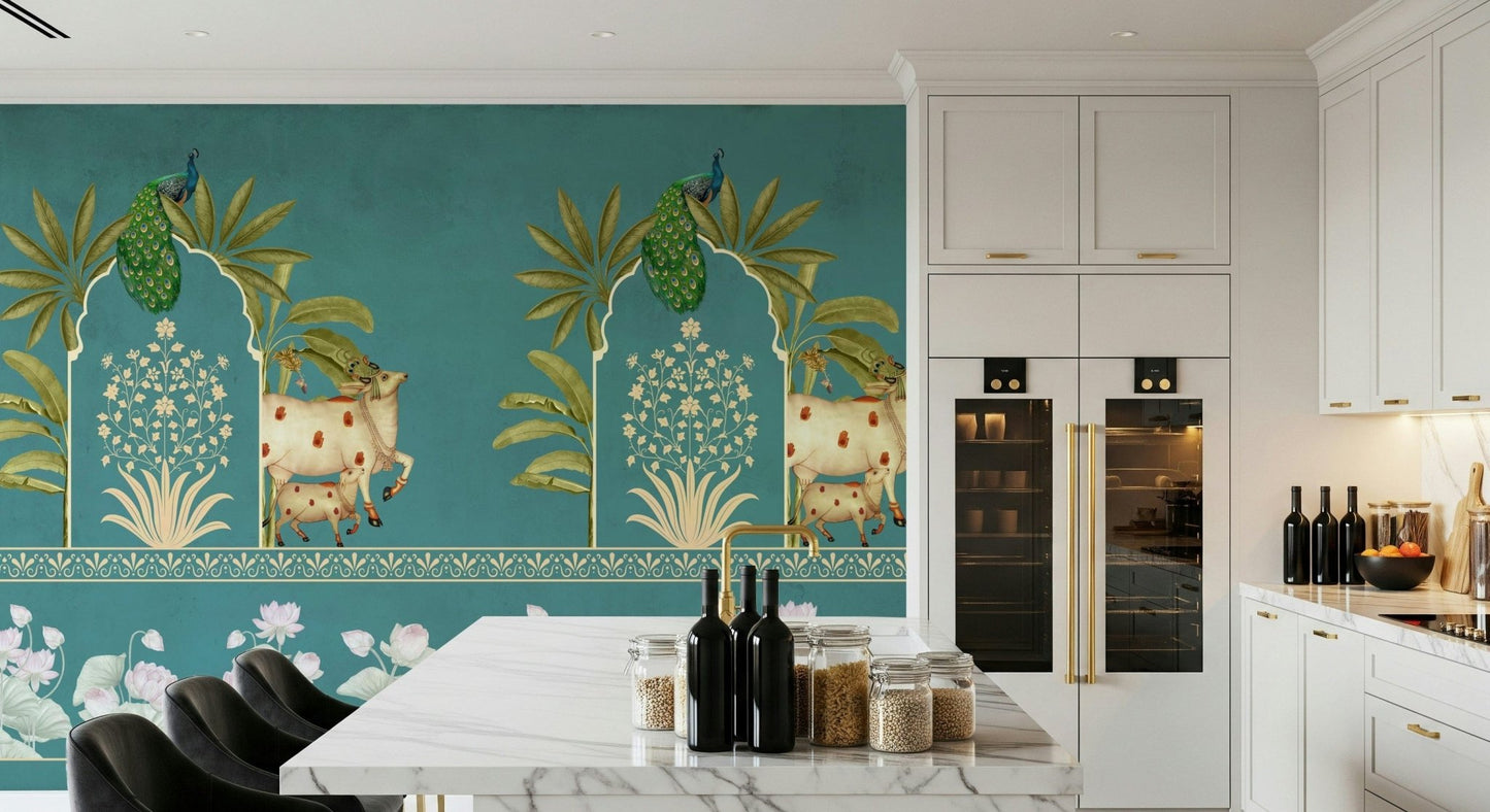 Pichwai-inspired wallpaper mural for bedroom, lotus motifs in turquoise color palette, calm modern wall decor