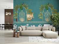 Dining room mural with pichwai-inspired art, aqua tones and neutral details, modern wall decor finish