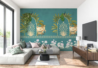 Firoza Pichwai mural in apartment dining area, detailed heritage art in aqua and cream, statement wall decor