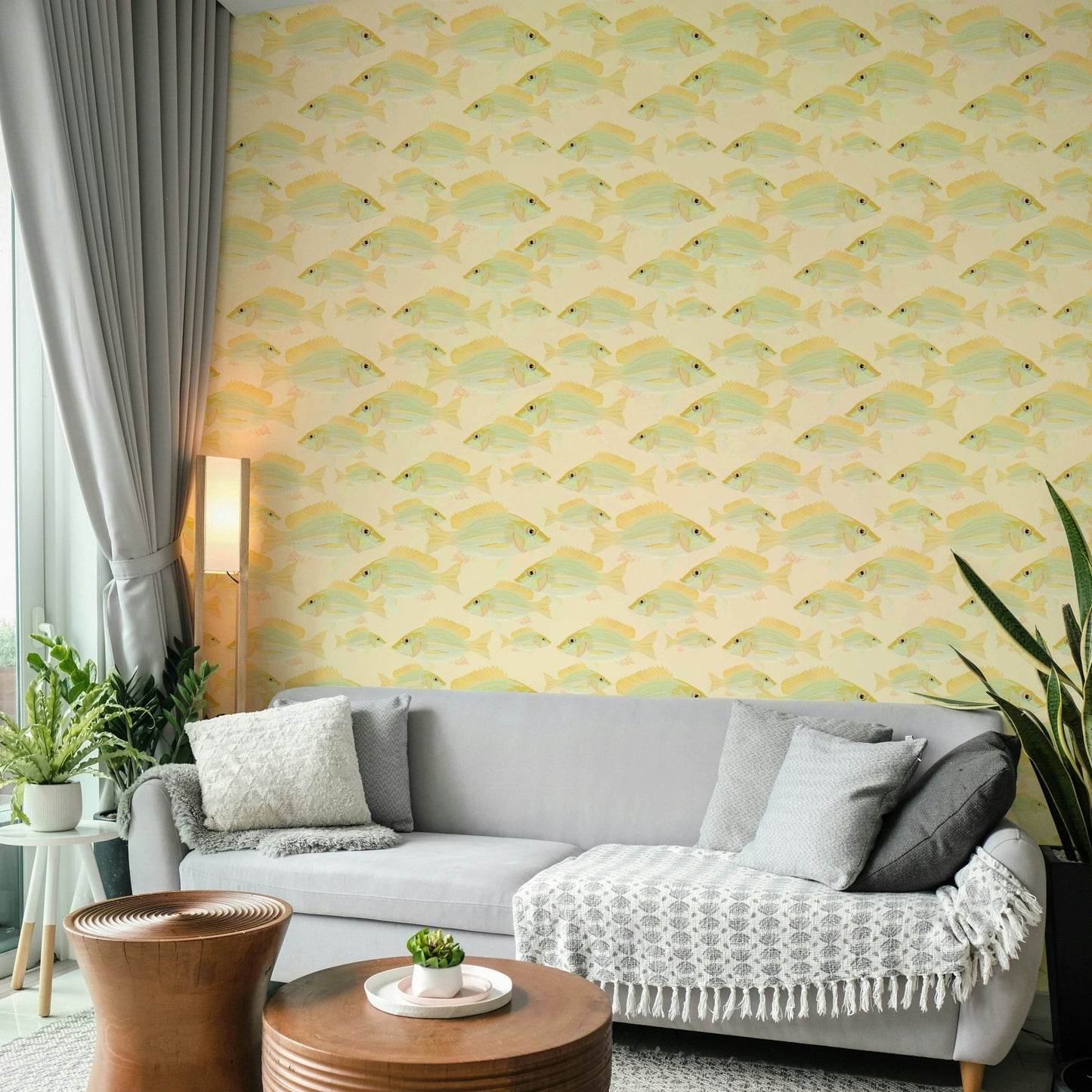 Playful fish wallpaper in neutral colors

