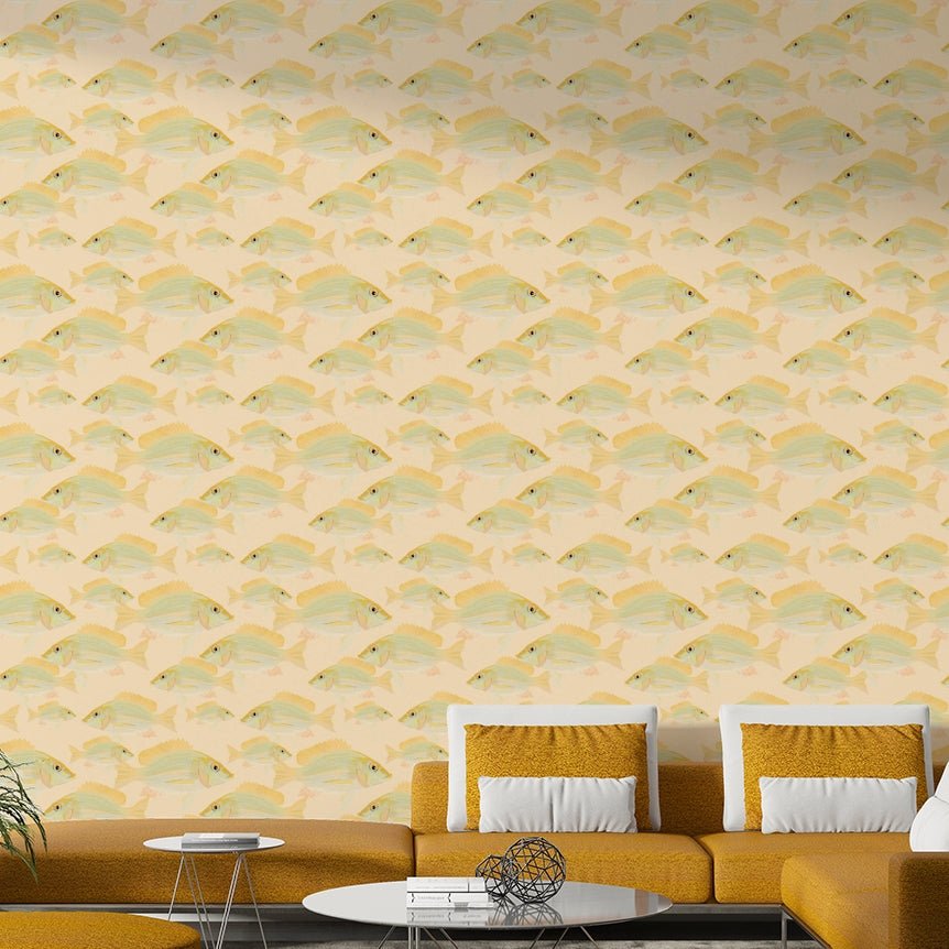 Mural wallpaper with hand-drawn fish pattern

