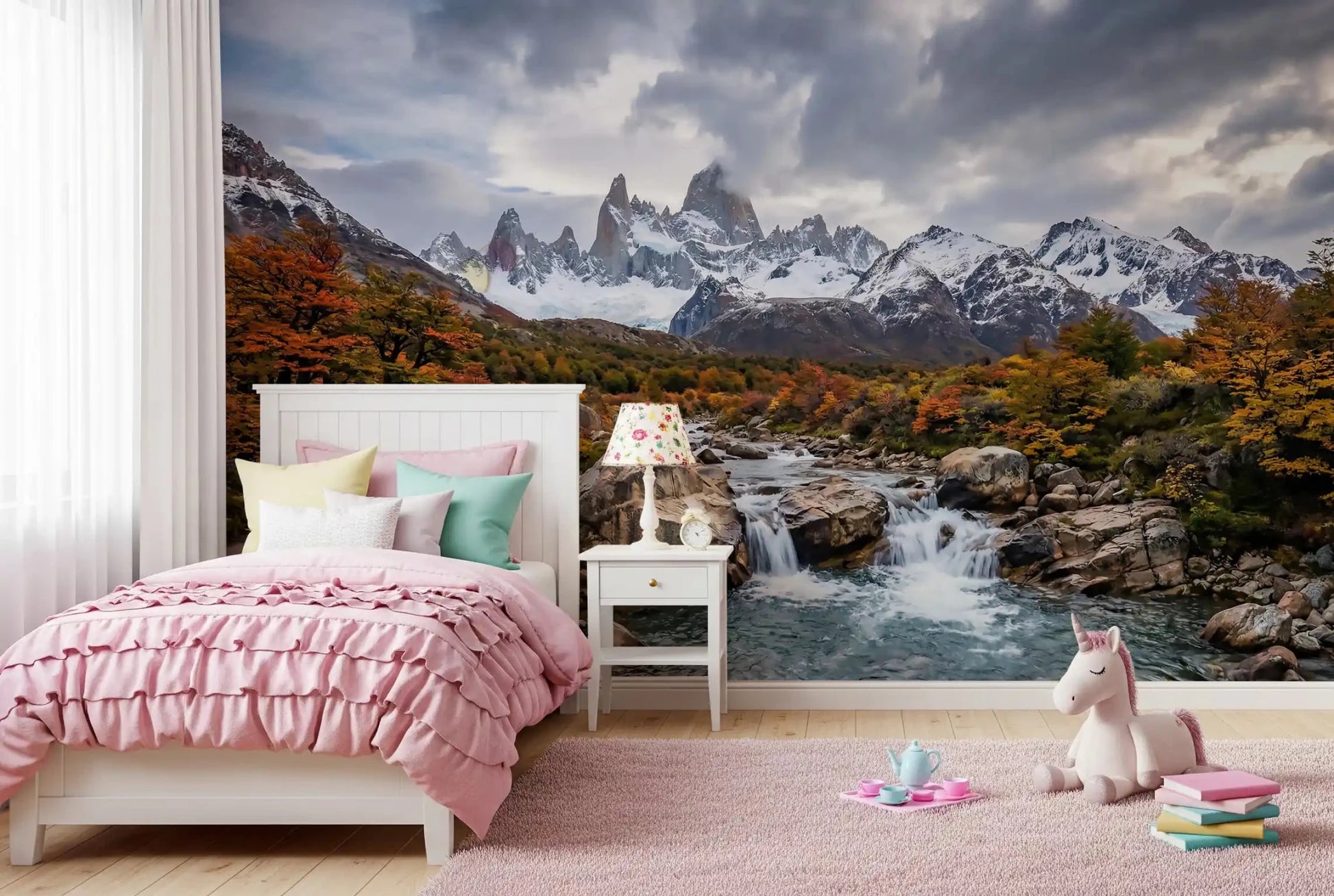 Rugged boulders and river stones in Fitz Roy Autumn River wall mural.GD9464