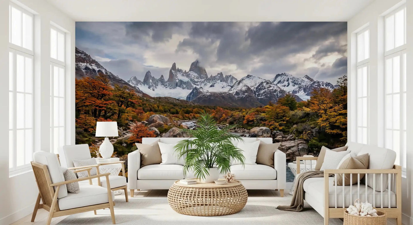 living room of Fitz Roy Autumn River mountain landscape wall mural.GD9464