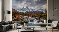 Living room decorated with Fitz Roy Autumn River scenery wall mural.GD9464