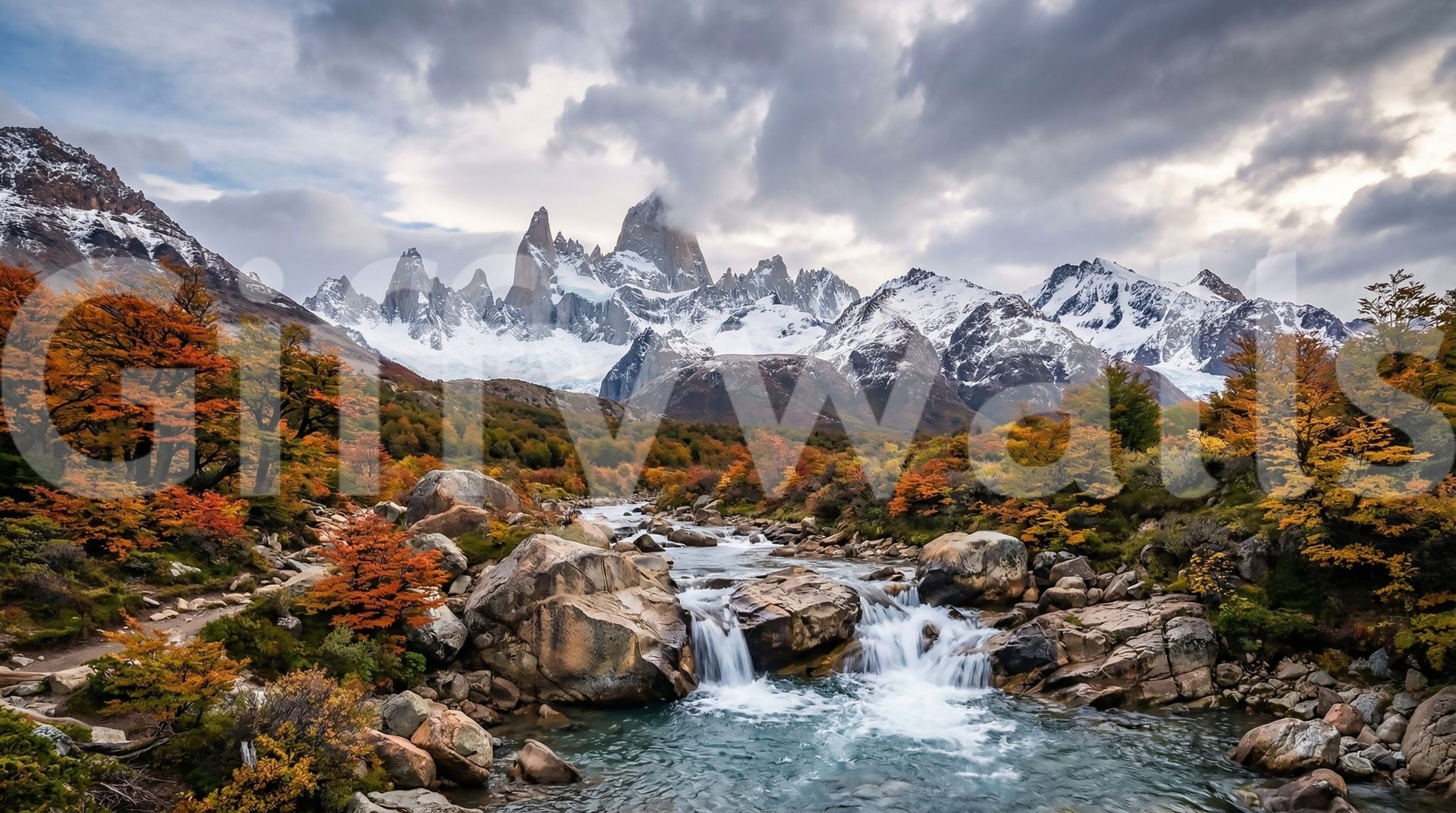 Dramatic clouded sky over Fitz Roy Autumn River scenery wall mural.GD9464