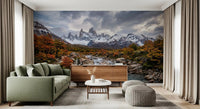 Living room backdrop with Fitz Roy Autumn River landscape wall mural.D9464