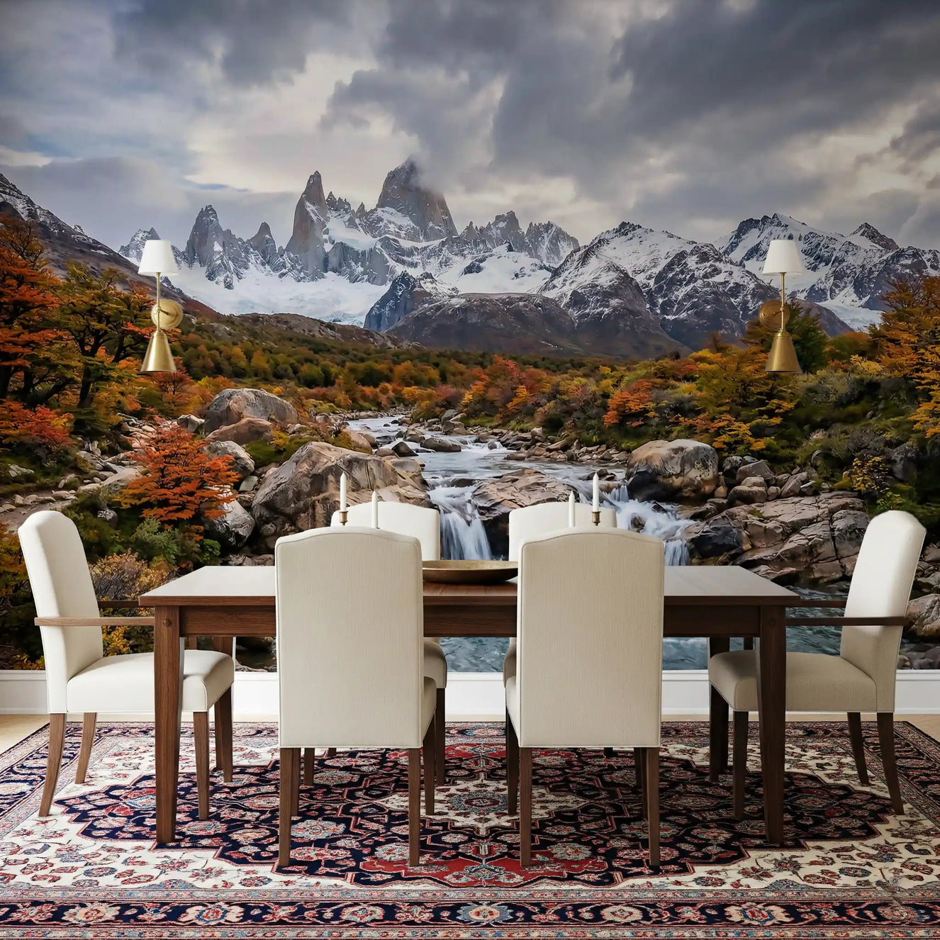 Dining room featuring Fitz Roy Autumn River wall mural scenery.GD9464