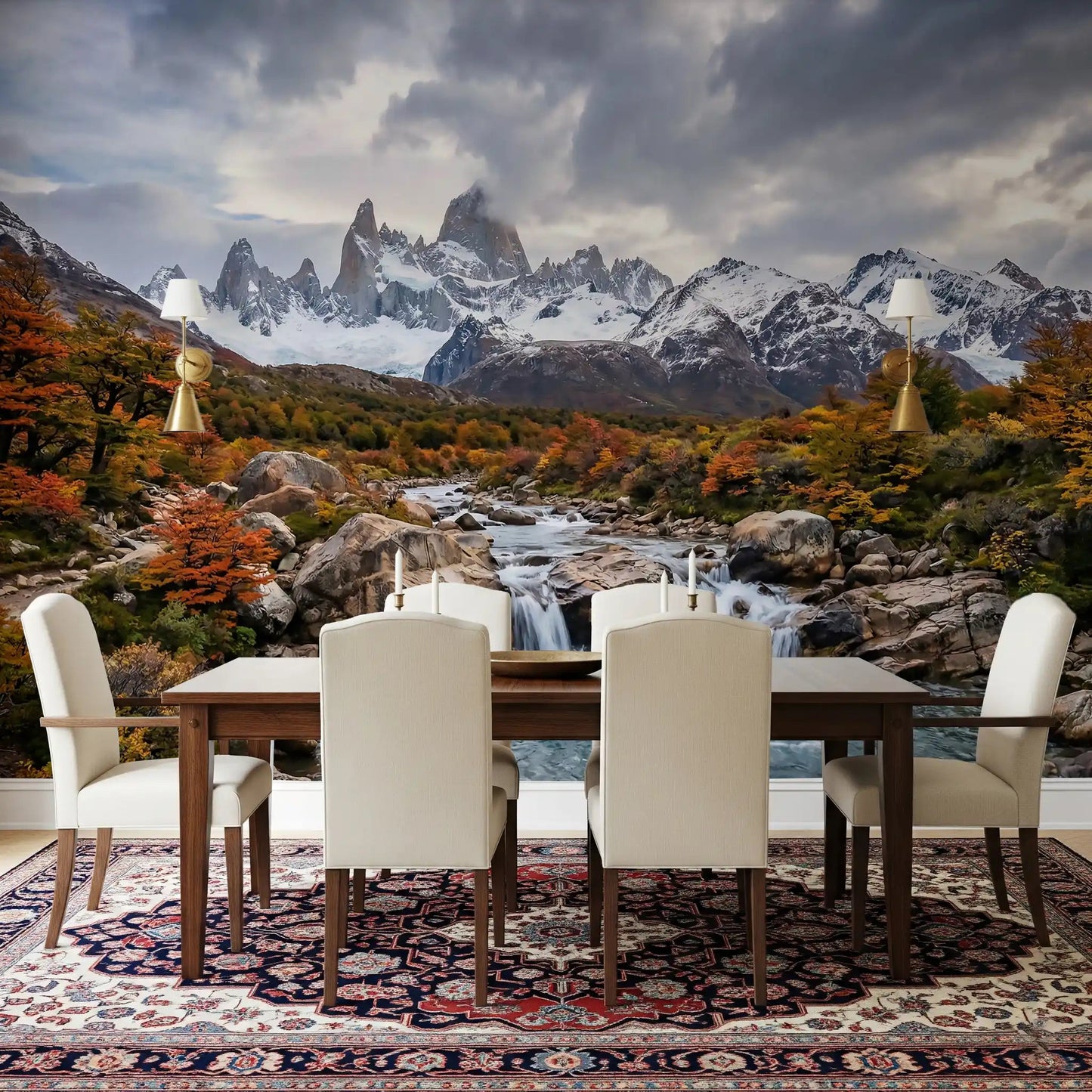 Dining room featuring Fitz Roy Autumn River wall mural scenery.GD9464