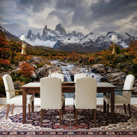 Dining room featuring Fitz Roy Autumn River wall mural scenery.GD9464