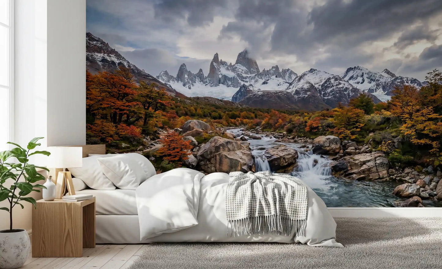 Bedroom featuring Fitz Roy Autumn River mountain landscape wall mural.GD9464