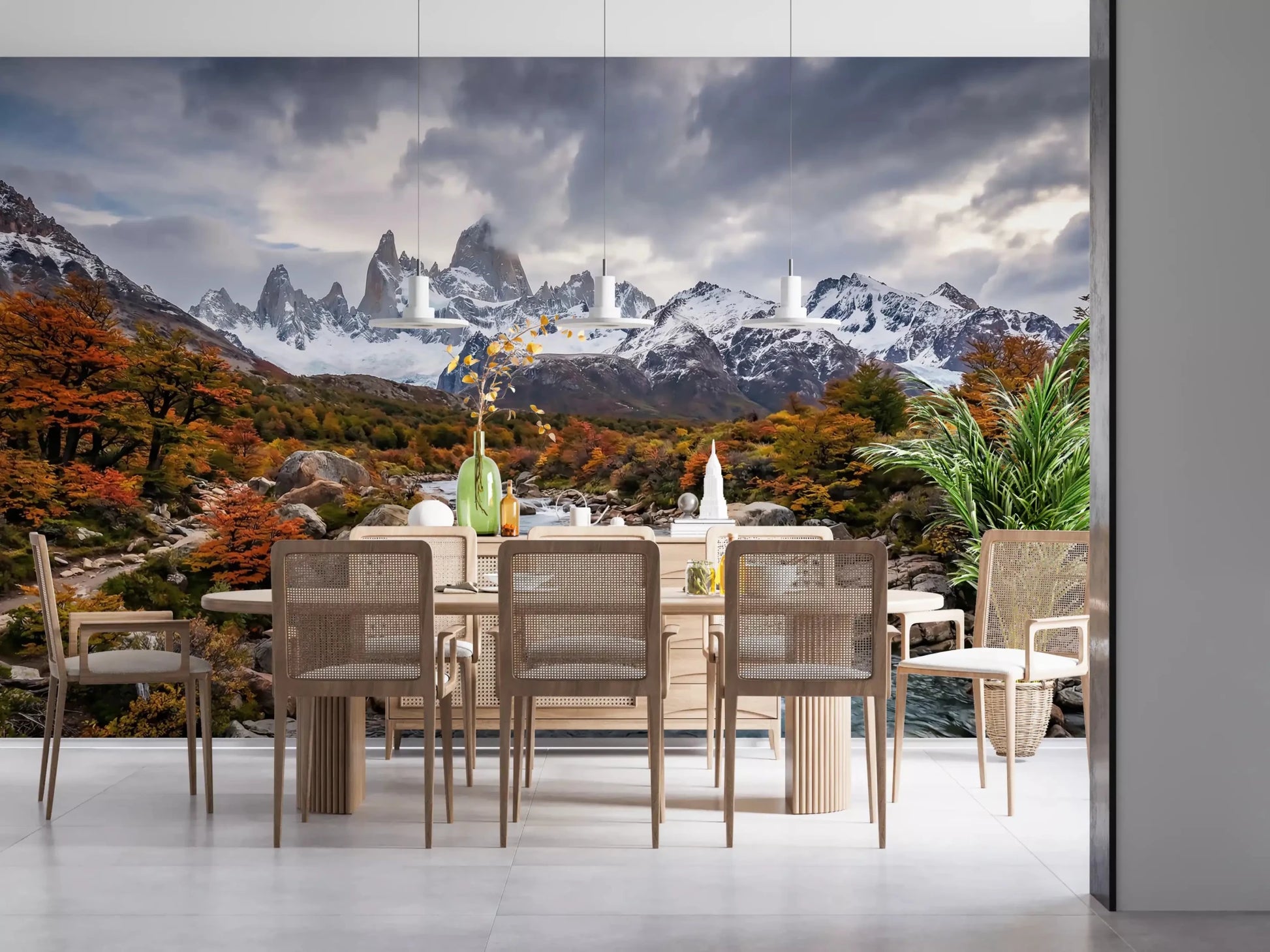Jagged snowy peaks on Fitz Roy Autumn River mountain wall mural.GD9464